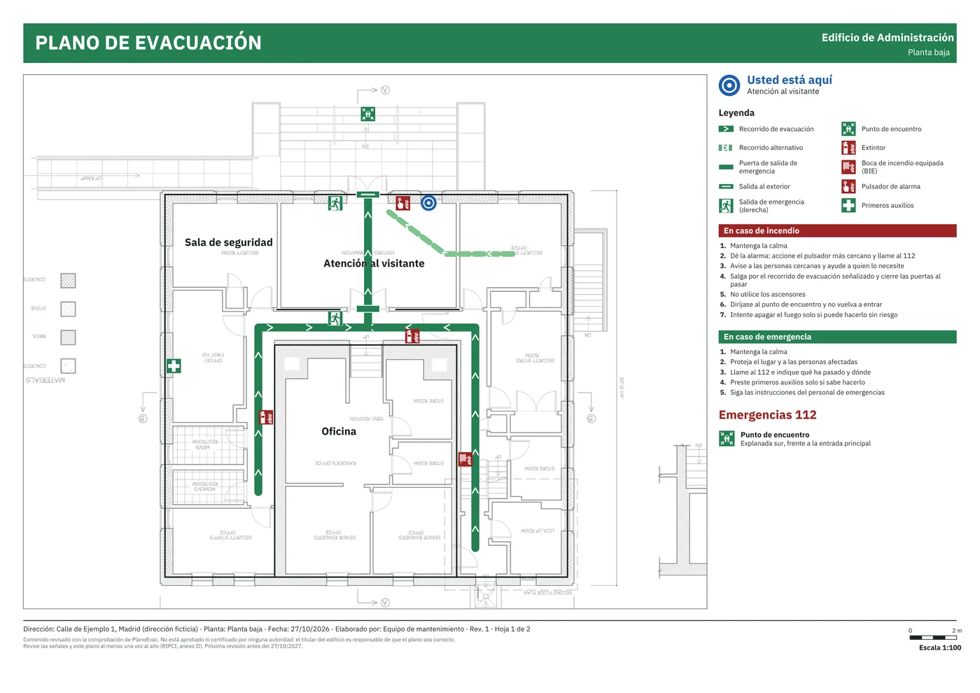 Hoja de ejemplo: plano de evacuación de un edificio de oficinas girado hacia el lector, con recorridos, salidas, extintores, leyenda y normas de actuación